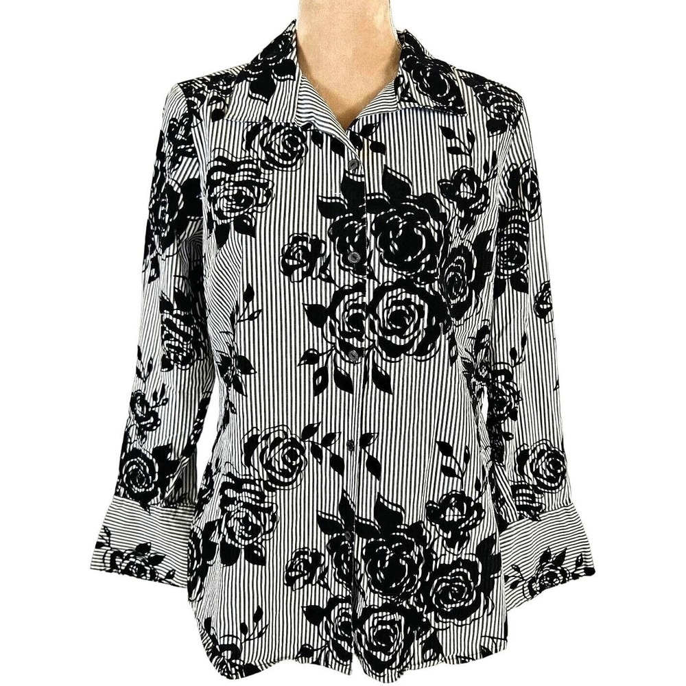 Foxcroft Button Down Floral Shirt Womens 8‎ Black White Striped Velvet Rose